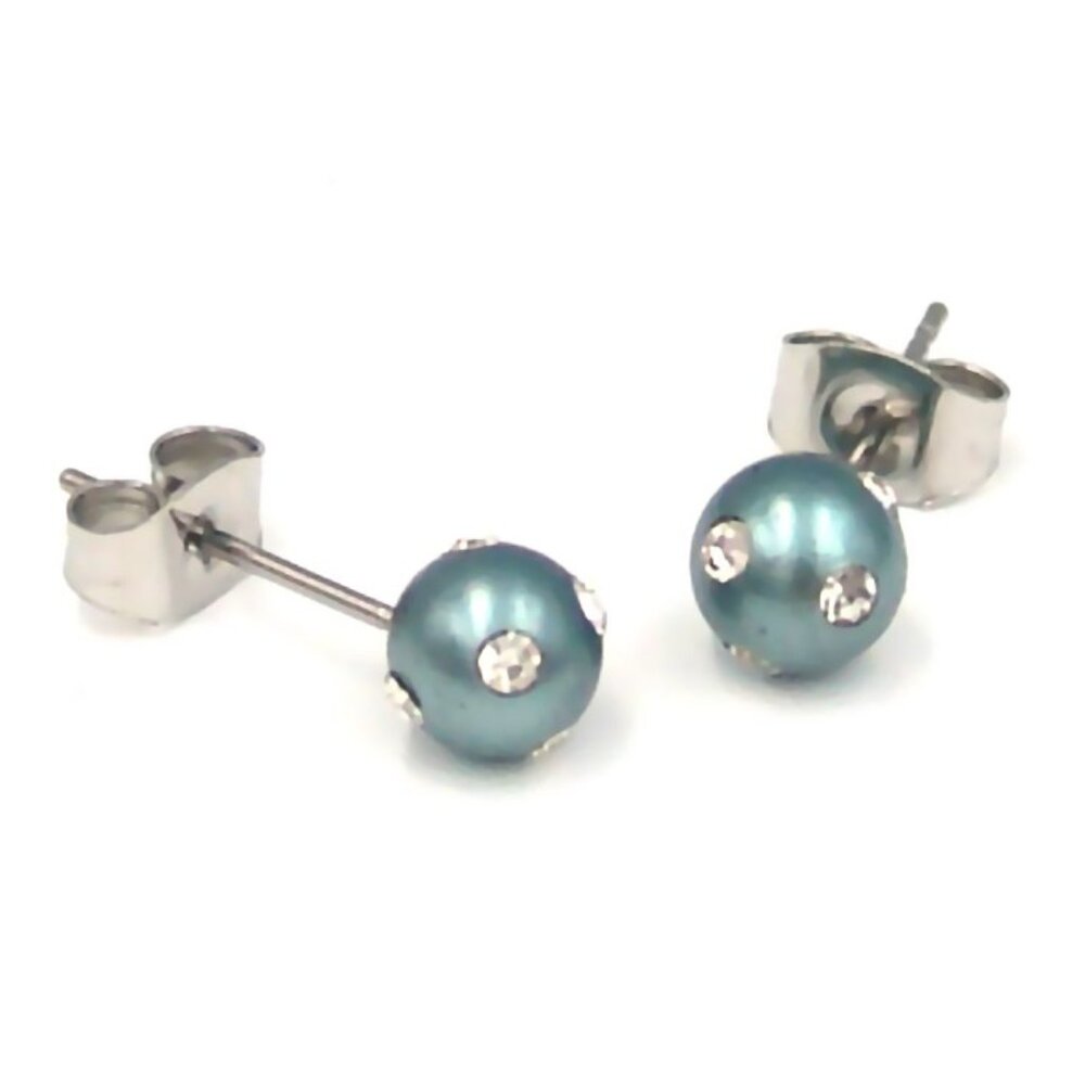 Tahitian Pearl Stud Earrings Faux 6 mm Surgical Steel Hypoallergenic CZ